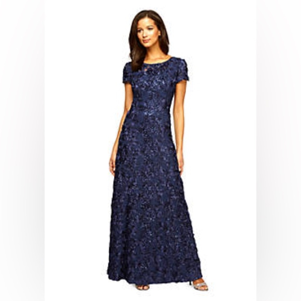 LN Alex Evenings Sequin Floral Lace Ribbon Rosette Gown